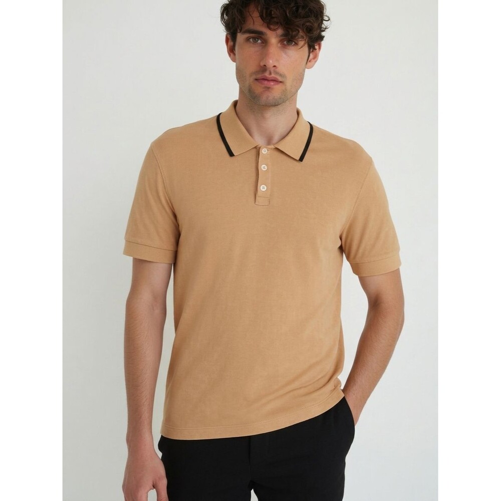 ATM Polo Shirt Mens Small Desert Tan Pique Black Trim Pima Cotton $150